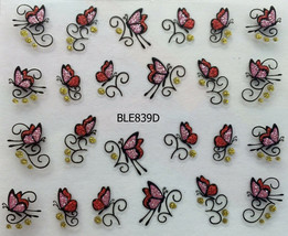 Nail Art 3D Glitter Decal Stickers Pink Red Butterflies BLE839D - £2.60 GBP
