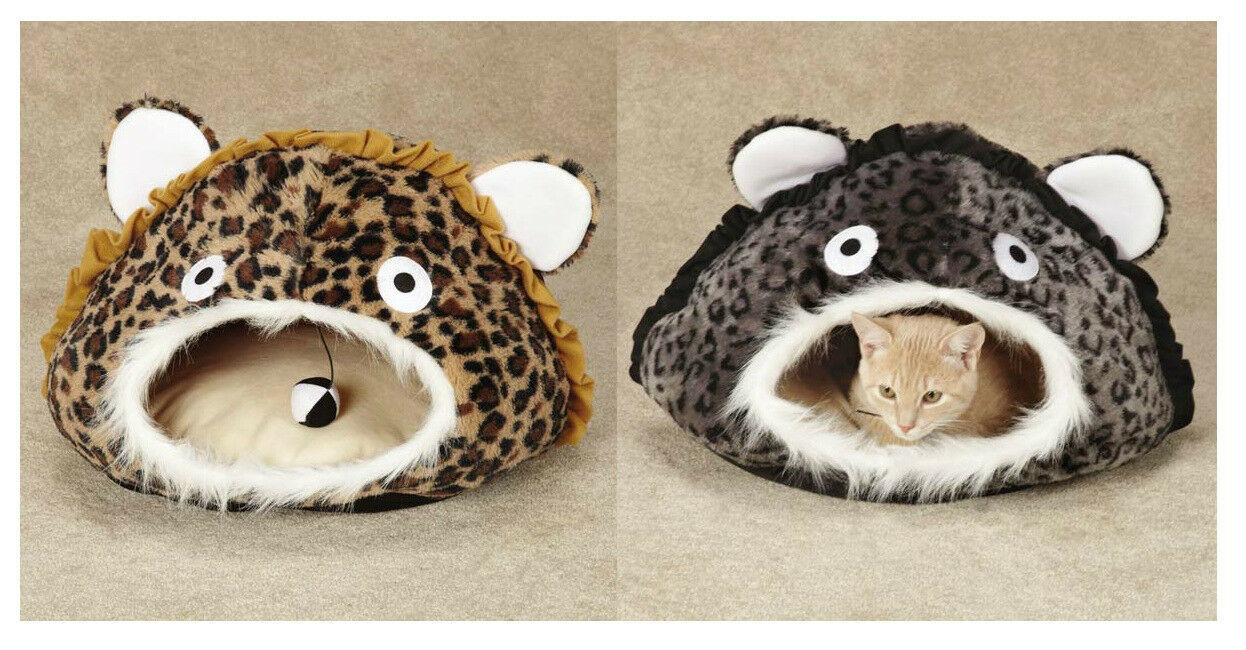 High Quality LEOPARD PRINT Jungle Cat Cave Beds with Dangling Toy Warm & Comfy