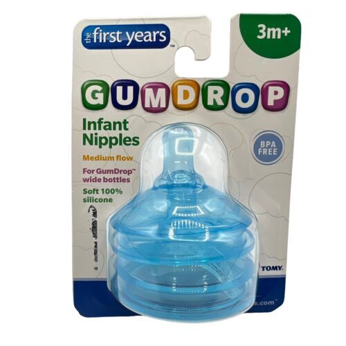 TOMY GumDrop Infant Nipples 2 Pack Blue 3m+ The First Years Medium Flow BPA Free - $7.66