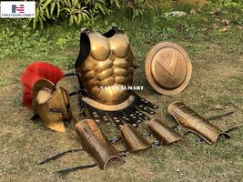 Muscle Armor Breastplate with Greek Spartan Helmet and Leg or Arm Guard - Brass  - £235.74 GBP