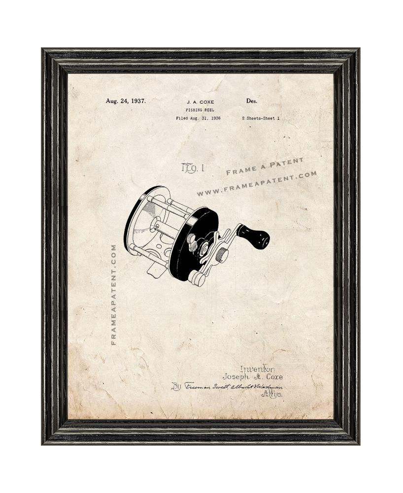 Fishing Reel Patent Print Old Look with Black Wood Frame - £20.25 GBP - £89.27 GBP