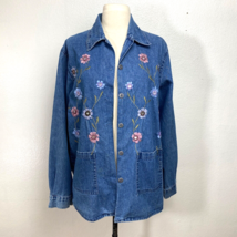 Vtg Agapo Chore Jacket Blouse Top Large Petite Denim Floral Embroidery C... - $33.66