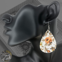 Womens White Peach Floral Faux Leather Teardrop Shaped French Hook Earrings - £8.06 GBP