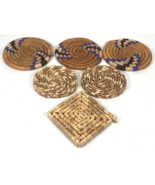 Lot of 6 Random Vintage Woven Wicker Rattan Straw Spiral Grass Coasters - €11,13 EUR