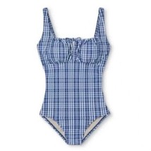 Kona Sol One Piece Swimsuit Blue Check Plaid Tunnel Tie High Coverage Size XL - £18.19 GBP