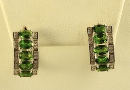 Vintage Rhodium Over Sterling Silver Green Chrome Diopside Hoop Earrings... - $47.52
