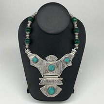 Turkmen Necklace Antique Afghan Tribal Green Turquoise Inlay V-Neck, Necklace T8 - £78.09 GBP