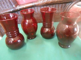 Beautiful Art Glass  ROYAL RUBY RED  Set of 4 VASES  6.5&quot; - £22.59 GBP