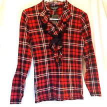 Lauren Ralph Lauren Women&#39;s Popover Top Red Plaid Long Sleeve Ruffles XS New - £26.74 GBP