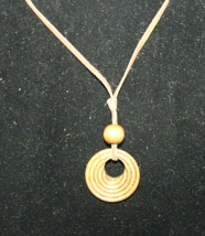 Wood Pendant Fashion Necklace Brown Round Circular 20&quot; Long Brown Leather Strand - £9.02 GBP