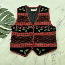 Dressbarn Womens Vintage Holiday Vest Size M Red Black Plaid Floral Velv... - $28.70