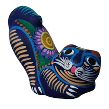 Vintage Folk Art Cat Talavera Mexican Pottery Cat Blue Flower Sun Hand Painted  - £12.94 GBP