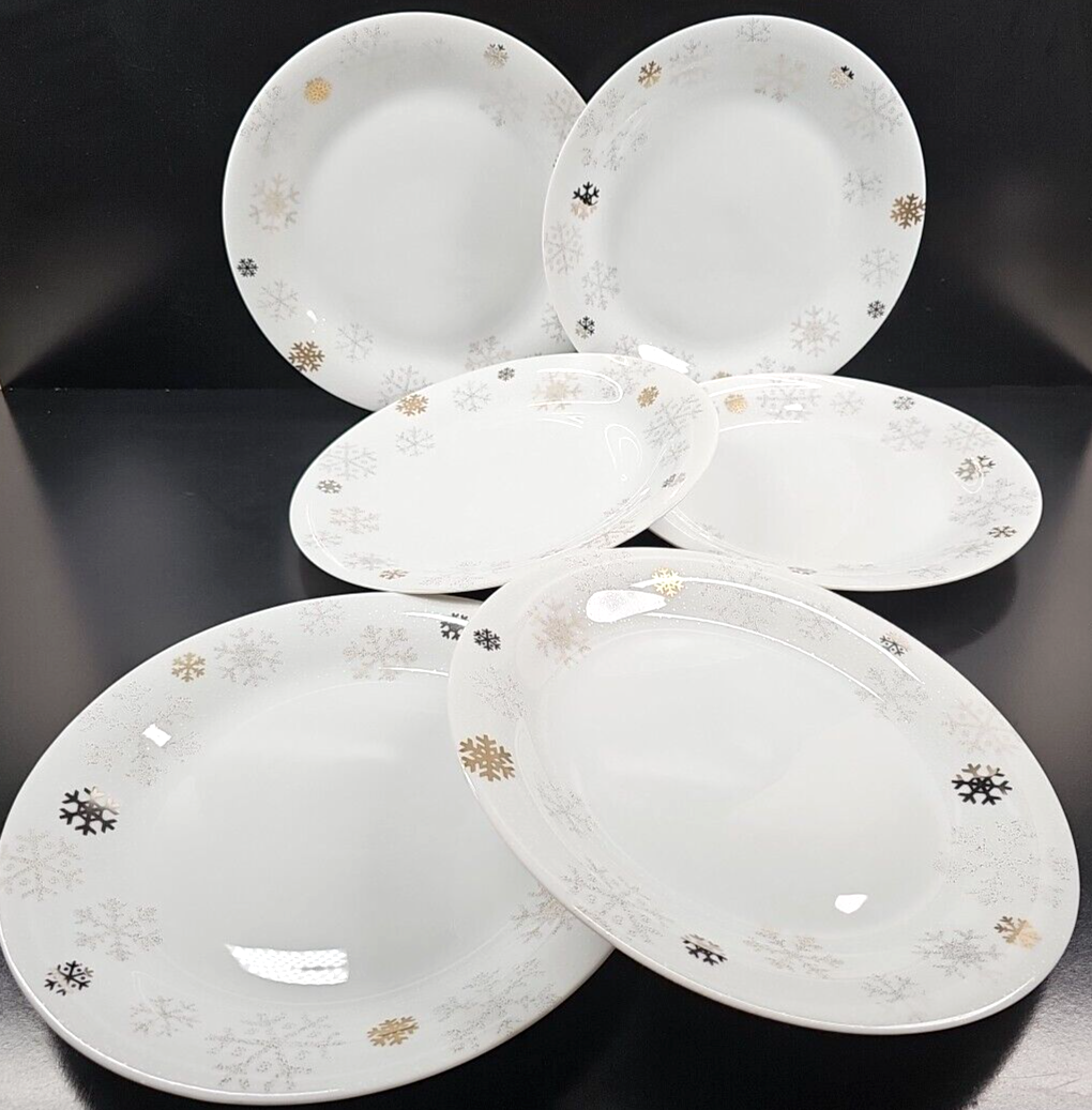 6 Dansk Snowflake Dinner Plates Set Vintage Gold Silver Serve Dining Dis... - $214.60
