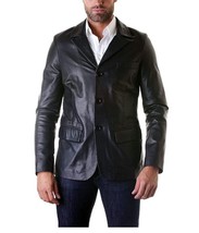 Leather Blazer Mens Coat Men Vintage Soft Lambskin Fit Slim Two Button Black 16 - £106.24 GBP