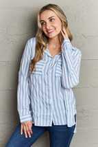 Ninexis Collared Neck Button Down Long Sleeve Blue Striped Shirt - £14.94 GBP