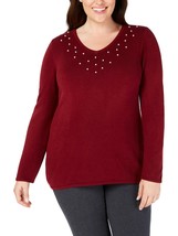 Karen Scott Ladies Womens Plus Size Sweater Pearl Knit V-Neck Merlot Red 1X - £31.07 GBP