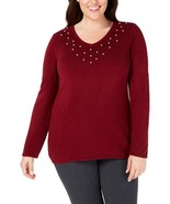 Karen Scott Ladies Womens Plus Size Sweater Pearl Knit V-Neck Merlot Red 1X - £31.26 GBP