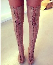 Newest Suede lace up thigh high boots sexy open toe cut-outs strappy gladiator s - £163.74 GBP