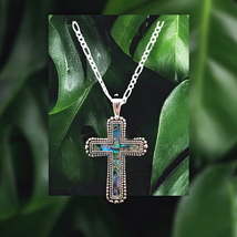 Abalone Stone Cross on a 080-3MM Figaro Chain .925 Solid Sterling Silver - $34.65 - $49.50