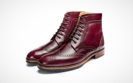 Maroon Tone Lace Up Wing Tip Genuine Vintage High Ankle Leather Formal Men Boots - £127.88 GBP+