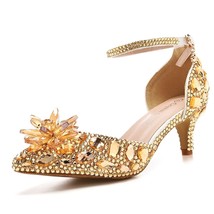 Women Wedding Shoes Champagne Golden Stiletto Rhinestone 5CM High Heels Ankle St - £79.24 GBP