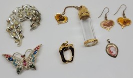 Vtg Jewelry Lot Potion Bottle Pendant &amp; Earrings Butterfly Apple Leaf Pin Brooch - £19.28 GBP