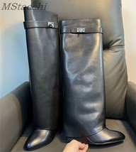 Brand Design Shark Lock Women Boots Sexy Slip-on Knee High Boots For Woman Motor - £135.07 GBP
