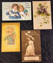 Antique Lot of 4 Victorian EASTER Postcards TUCK Embossed Printed Silk 1900&#39;s - £10.93 GBP