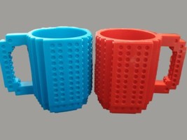 2 Build-On Brick Building Blocks Puzzle Coffee Tea Juice Mugs: Red and Blue - £12.13 GBP