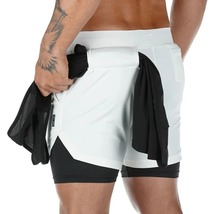 Men Running Shorts 2 In 1 Double-deck Sport Gym Fitness Jogging Pants, White 3 - £10.38 GBP