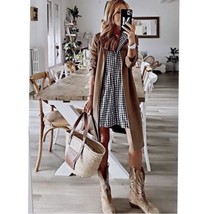 Women&#39;s Gingham Long Sleeve Button Down Casual Loose Flowy Swing Dress SZ L - £35.86 GBP