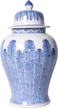 Temple Jar Vase Banana Leaf Motif Blue White Porcelain Handmade Han - $329.00