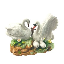 JJ Large Swan Family Ceramic Figurine Mom Dad 2 Babies Vtg 6.25&quot; tall 9&quot;... - £30.35 GBP