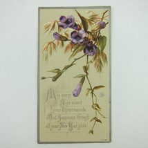 Victorian Christmas Card New Year&#39;s Purple Flowers Green Yellow Silver A... - £4.71 GBP