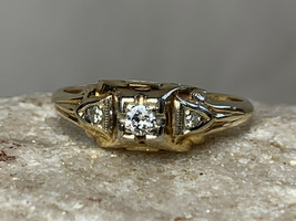 Vtg 14K Yellow Gold Art Deco Diamond Ring Sz 6.5 Jewelry 1.24g  Round Prong Gem - £200.41 GBP