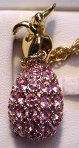 Faberge Inspired Joan Rivers Rhinestone Pendant Necklace Gold Bird on Egg Pink - £152.45 GBP