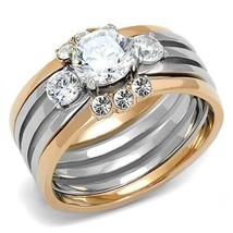 1.43Ct Round Cut CZ 3 Stone Stainless Steel Two Toned Bridal Ring Set Sz 5-10 - £64.23 GBP