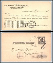 1908 US Postal Card - Berbecker &amp; Howland Mfg, Waterville, CT to Norwich, CT J6 - £2.36 GBP