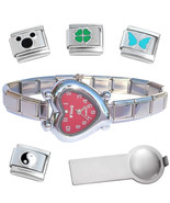Red Heart Italian Charm Watch Bracelet Plus Charm Tool &amp; Enamel Charms - $26.24 CAD