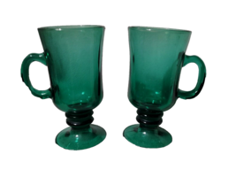 Vintage Set 2 Libbey Glass Pedestal Cups Mugs Handle Green Gold Trim Esp... - $15.51