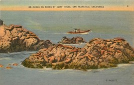 Linen Postcard CA H343 Seals on Rocks at Cliff House San Francisco Boat 1946 - $6.93