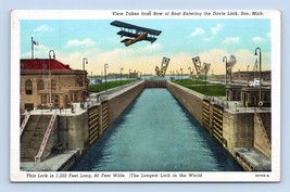 Airplane over Davis Lock Soo Locks Michigan MI WB Chrome Postcard O4 - £3.85 GBP