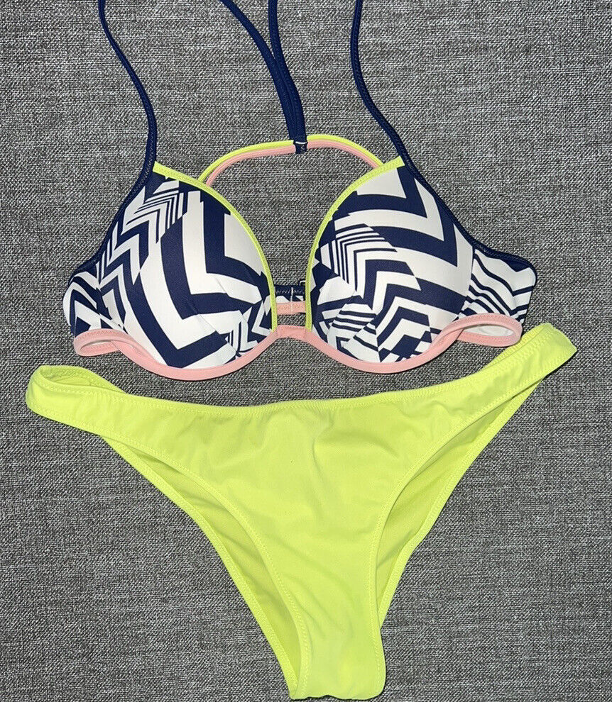 Primary image for Victorias Secret 34B Neon Multicolor Padded Push Up Bikini Top Swim Scrunched L