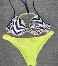 Victorias Secret 34B Neon Multicolor Padded Push Up Bikini Top Swim Scrunched L - £28.31 GBP