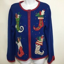 Ugly Christmas Sweater M Blue Colorful Stockings Presents Tiara Intl - £21.87 GBP