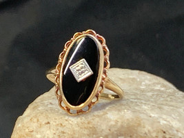 Vtg 10K Yellow Gold Ring 2.53g Fine Jewelry Size 6.5 Band Black &amp; Clear Stone - £151.80 GBP
