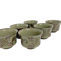 6 OMC Sake Cups Stoneware Clay Green Glasses Made in Japan Marked Vintage Retro - $15.95