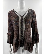 Artesia Paisley Bohemian Top Size Medium Brown Red Blue Bell Sleeve Cage... - $29.88 CAD