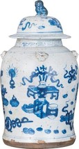 Temple Jar Vase Vintage Symbol Small Blue White Ceramic Hand-Painted - £334.86 GBP