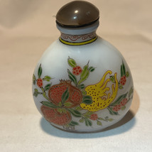 White Glass Pomegranate Painted Snuff Bottle Loose Lid Signed - £38.28 GBP